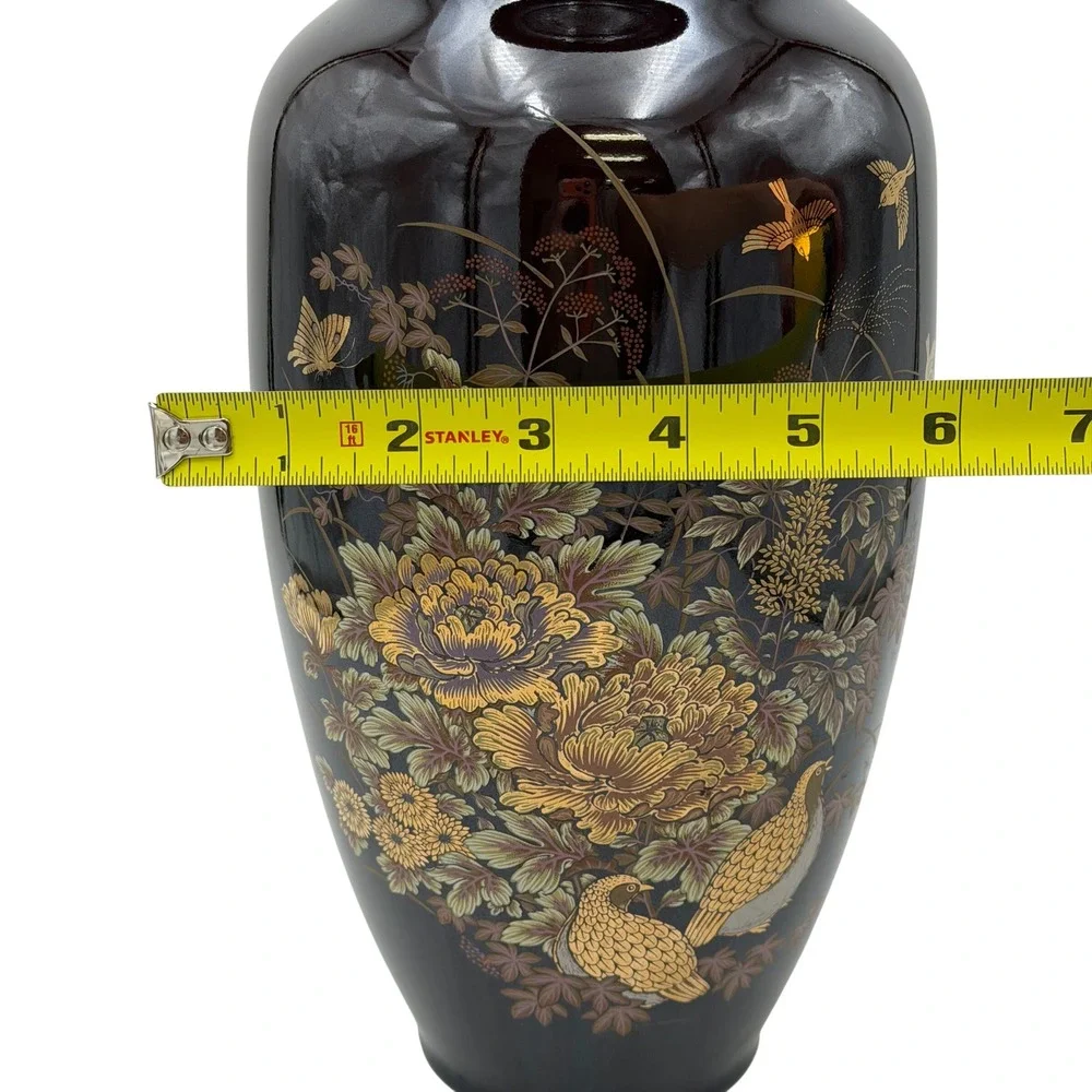 Vtg Japanese Shibata Style Gilded Floral Bird Ceramic Vase Dark Brown Gold 14in